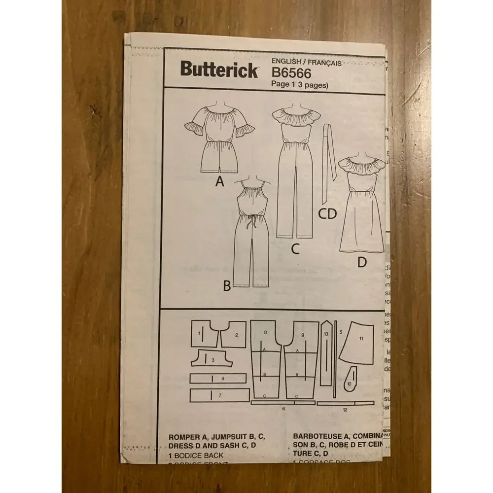 Butterick B6566 Pattern Misses Sz L/XL/XXLPetite Dress/Romper/Jumpsuit/Sash